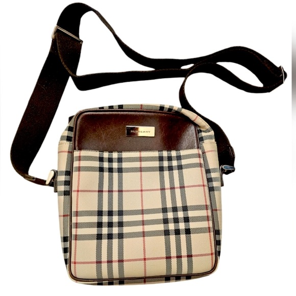 BURBERRY NOVA CHECK and BROWN LEATHER CROSSBODY. - Picture 1 of 15